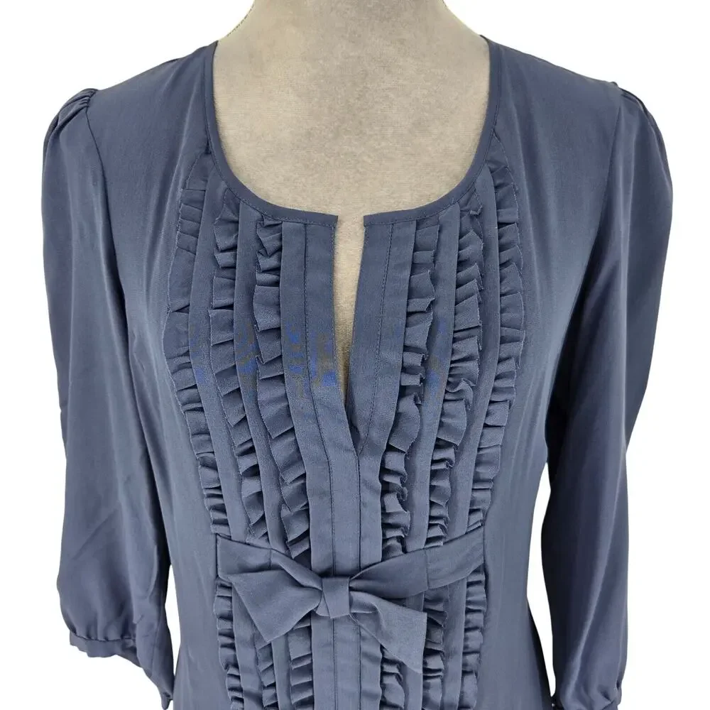 Nanette Lepore Dress Womens 8 Blue Silk Ruffle Front Back Zip Bow Gypsy Colt New